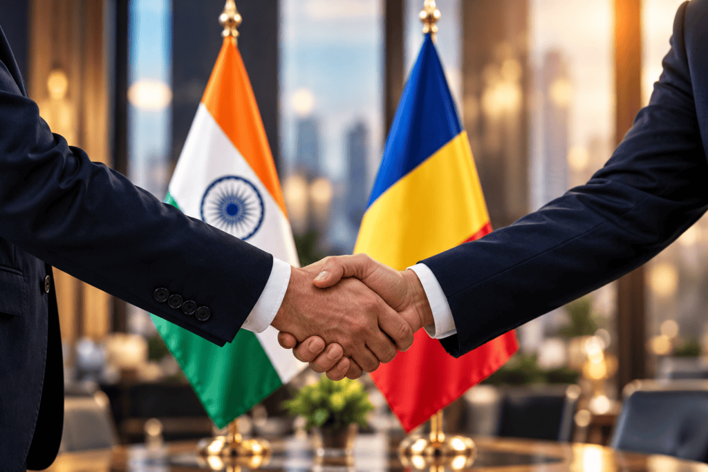 India–Romania business partnership represented by a handshake with Indian and Romanian flags